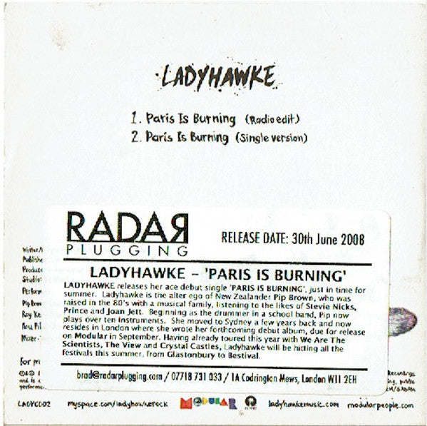Ladyhawke : Paris Is Burning (CDr, Single, Promo)