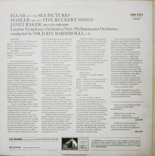 Sir Edward Elgar / Gustav Mahler, Janet Baker, Sir John Barbirolli, London Symphony Orchestra ∙ New Philharmonia Orchestra : Sea Pictures / Five Rückert Songs (LP, Comp, RP)