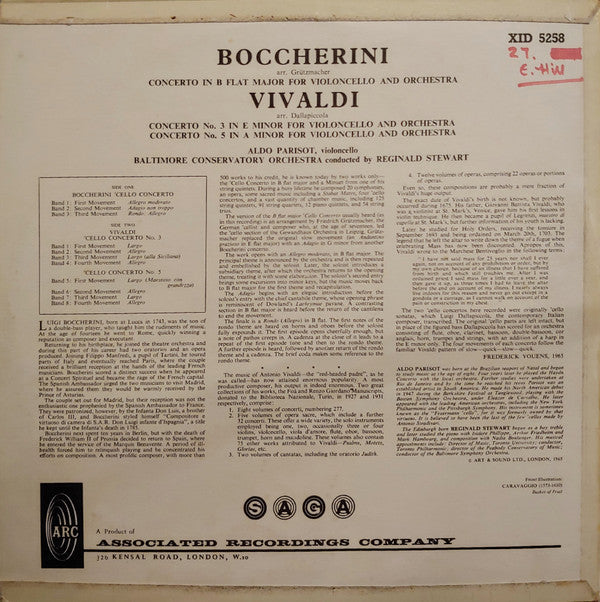 Aldo Parisot, Baltimore Conservatory Orchestra, Reginald Stewart : Boccherini:  Cello Concerto In B Flat Major/Vivaldi:  Cello Concerti In E Minor & A Minor (LP, Album, Mono)