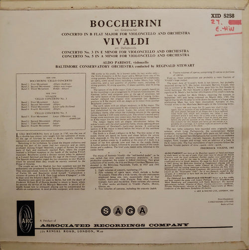 Aldo Parisot, Baltimore Conservatory Orchestra, Reginald Stewart : Boccherini:  Cello Concerto In B Flat Major/Vivaldi:  Cello Concerti In E Minor & A Minor (LP, Album, Mono)
