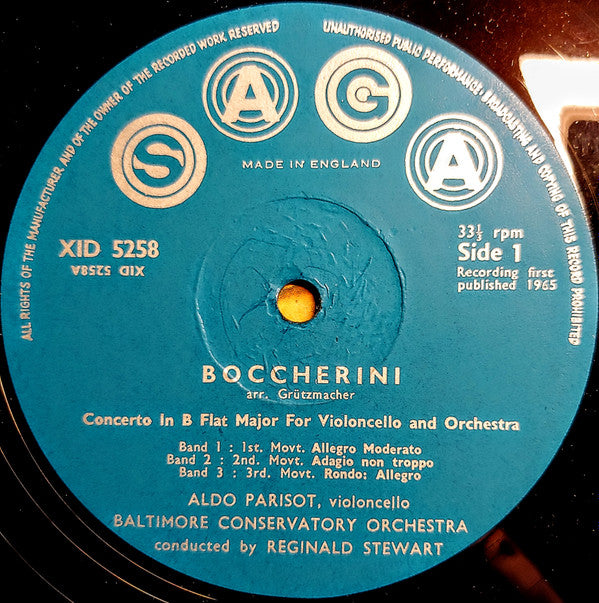 Aldo Parisot, Baltimore Conservatory Orchestra, Reginald Stewart : Boccherini:  Cello Concerto In B Flat Major/Vivaldi:  Cello Concerti In E Minor & A Minor (LP, Album, Mono)