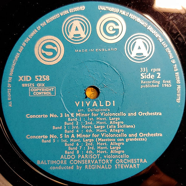 Aldo Parisot, Baltimore Conservatory Orchestra, Reginald Stewart : Boccherini:  Cello Concerto In B Flat Major/Vivaldi:  Cello Concerti In E Minor & A Minor (LP, Album, Mono)