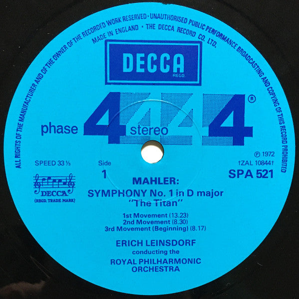 Gustav Mahler – Erich Leinsdorf, Royal Philharmonic Orchestra : Symphony No.1 In D Major (LP, RE)