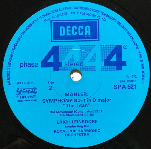 Gustav Mahler – Erich Leinsdorf, Royal Philharmonic Orchestra : Symphony No.1 In D Major (LP, RE)
