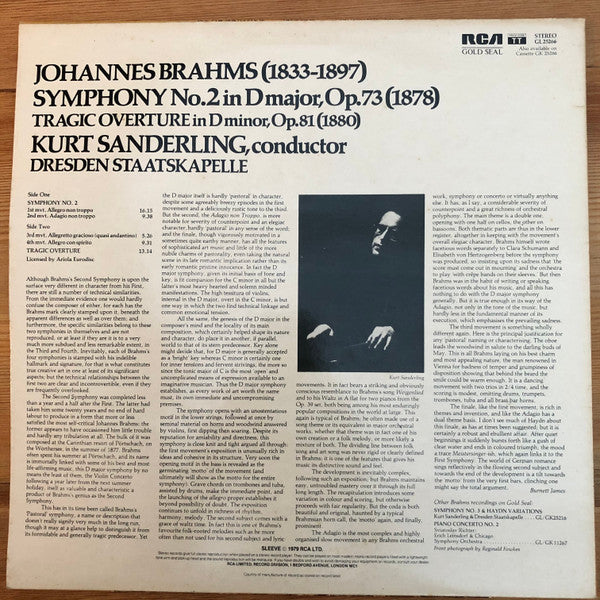 Johannes Brahms - Kurt Sanderling, Staatskapelle Dresden : Symphony No. 2 / Tragic Overture (LP)
