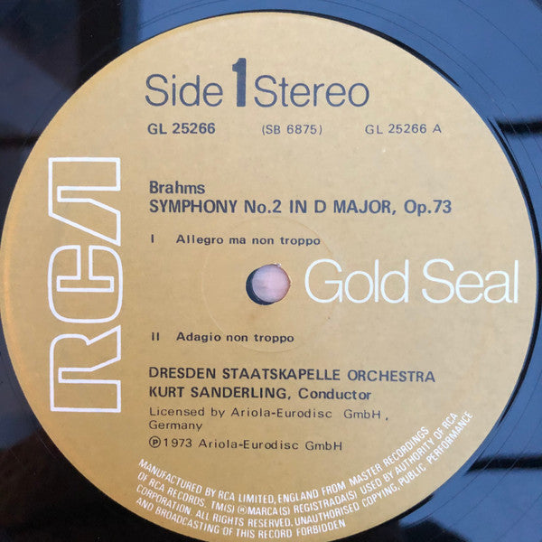 Johannes Brahms - Kurt Sanderling, Staatskapelle Dresden : Symphony No. 2 / Tragic Overture (LP)