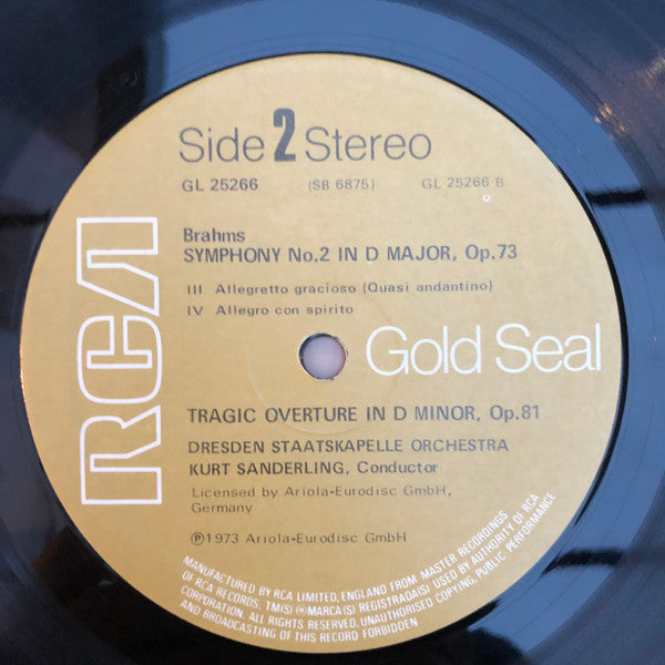 Johannes Brahms - Kurt Sanderling, Staatskapelle Dresden : Symphony No. 2 / Tragic Overture (LP)