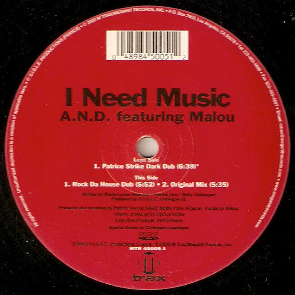 A.N.D. Featuring Marie-Louise Beauvoir : I Need Music (12")