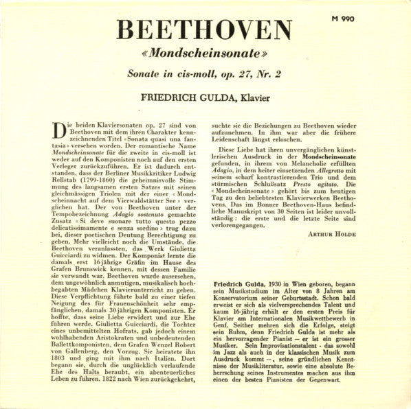 Ludwig van Beethoven / Friedrich Gulda : Sonate Nr. 14 In Cis-Moll, "Mondschein" (7", Mono)