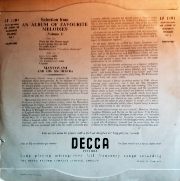Mantovani And His Orchestra : Selection From An Album Of Favourite Melodies Volume 1 (10", Album)