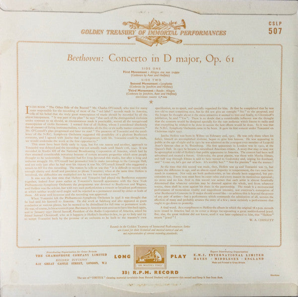Ludwig van Beethoven, Jascha Heifetz, Arturo Toscanini, NBC Symphony Orchestra : Concerto In D Major,Op.61 (LP, Album)