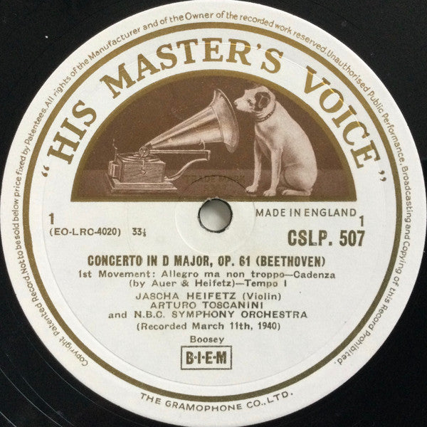 Ludwig van Beethoven, Jascha Heifetz, Arturo Toscanini, NBC Symphony Orchestra : Concerto In D Major,Op.61 (LP, Album)