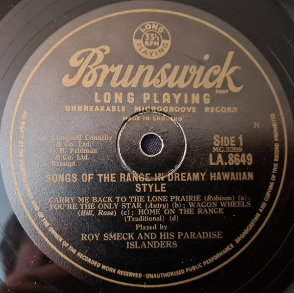 Roy Smeck And His Paradise Islanders : Songs Of The Range In Dreamy Hawaiian Style (10", Mono)