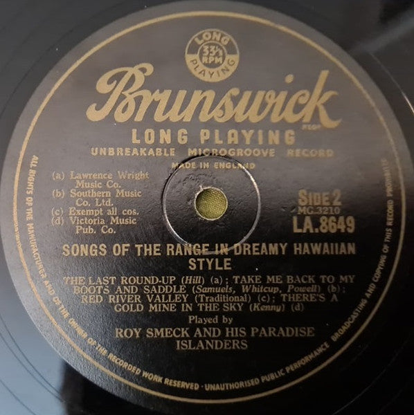 Roy Smeck And His Paradise Islanders : Songs Of The Range In Dreamy Hawaiian Style (10", Mono)