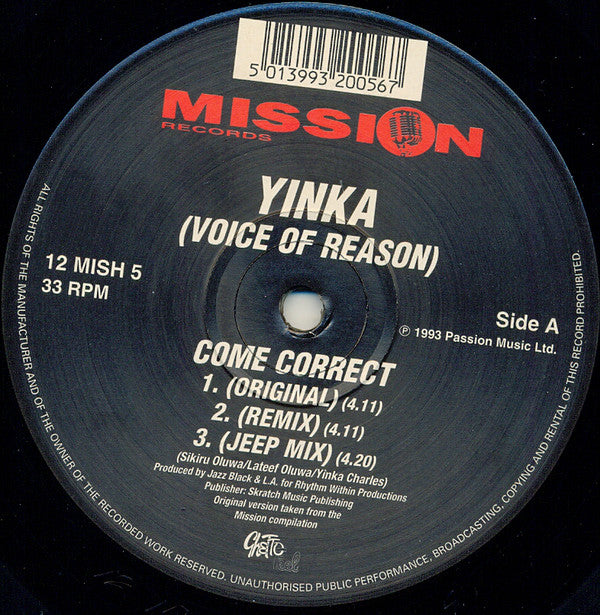 Yinka Charles / The Voice Of Reason : Come Correct (12")