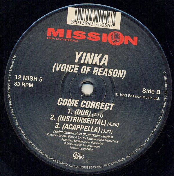 Yinka Charles / The Voice Of Reason : Come Correct (12")