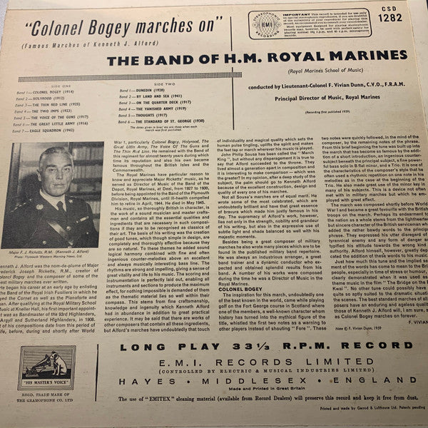 The Band Of H.M. Royal Marines (Royal Marines School Of Music) Conducted By Vivian Dunn : 'Colonel Bogey Marches On' (Famous Marches Of Kenneth J. Alford) (LP, Album, Gre)