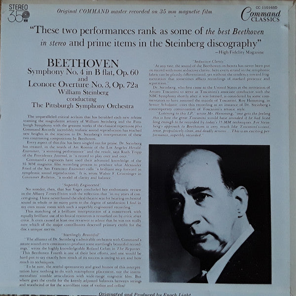 Ludwig van Beethoven - William Steinberg Conducts Pittsburgh Symphony Orchestra : Symphony No. 4 In B Flat, Op. 60 / Leonore Overture No. 3, Op. 72a (LP, RE)