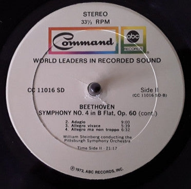 Ludwig van Beethoven - William Steinberg Conducts Pittsburgh Symphony Orchestra : Symphony No. 4 In B Flat, Op. 60 / Leonore Overture No. 3, Op. 72a (LP, RE)