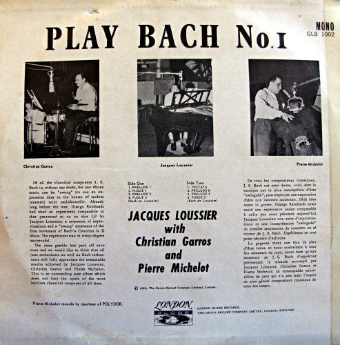 Jacques Loussier, Christian Garros, Pierre Michelot : Play Bach Numero Un (LP, Mono, RE)