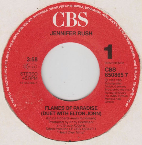 Jennifer Rush Duet With Elton John : Flames Of Paradise (7", Single)