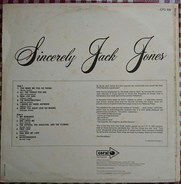 Jack Jones : Sincerely (LP, Album, Comp)