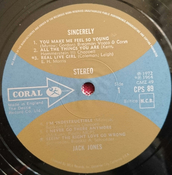 Jack Jones : Sincerely (LP, Album, Comp)
