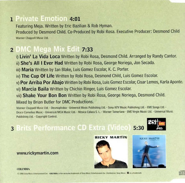 Ricky Martin Featuring Meja : Private Emotion (CD, Single, Enh, P/Mixed)