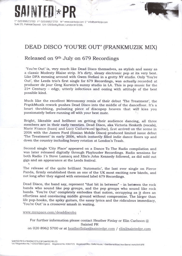 Dead Disco : You're Out (FrankMuzik Mix) (CDr, Promo)