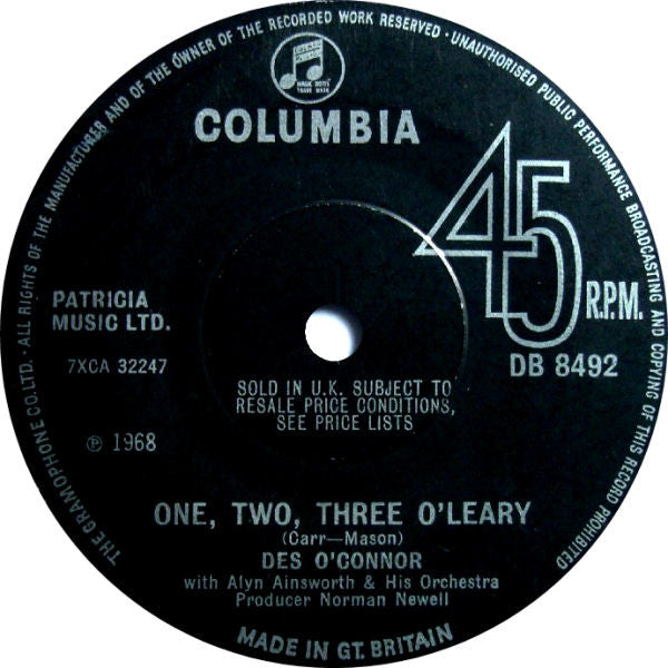 Des O'Connor : One, Two, Three O'Leary (7", Single, Sol)