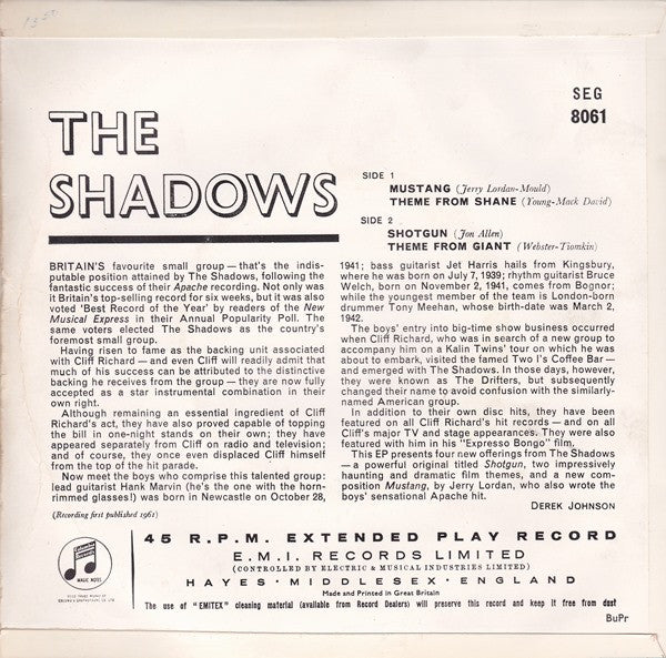 The Shadows : The Shadows (7", EP, Mono, Gre)