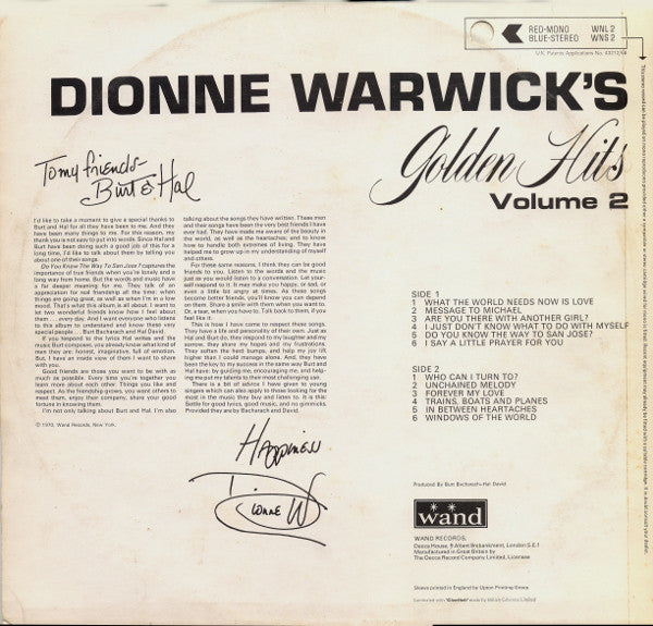 Dionne Warwick : Dionne Warwick's Golden Hits Volume 2 (LP, Comp)