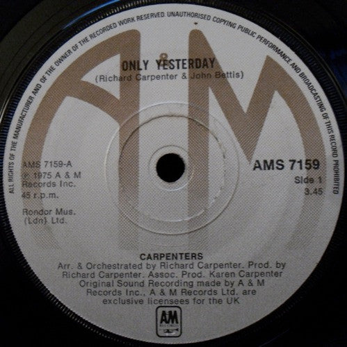 Carpenters : Only Yesterday (7", Single)