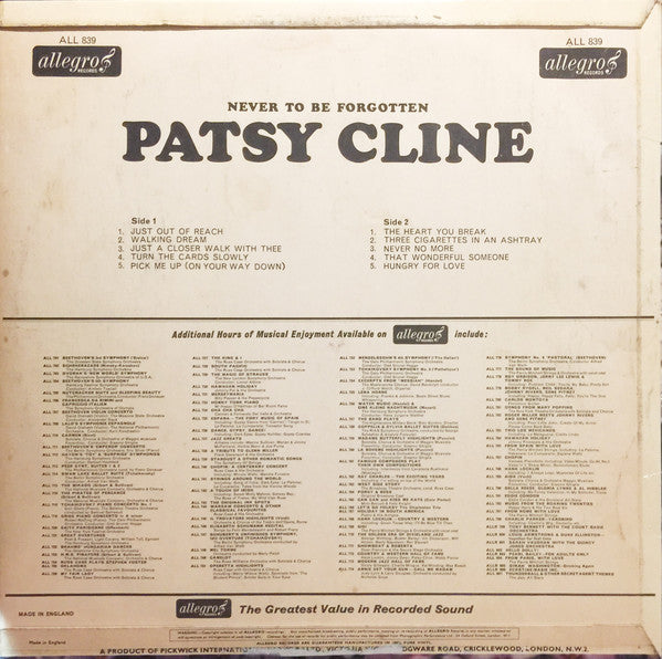 Patsy Cline : Never To Be Forgotten (LP, Comp)
