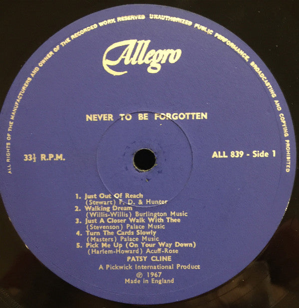 Patsy Cline : Never To Be Forgotten (LP, Comp)