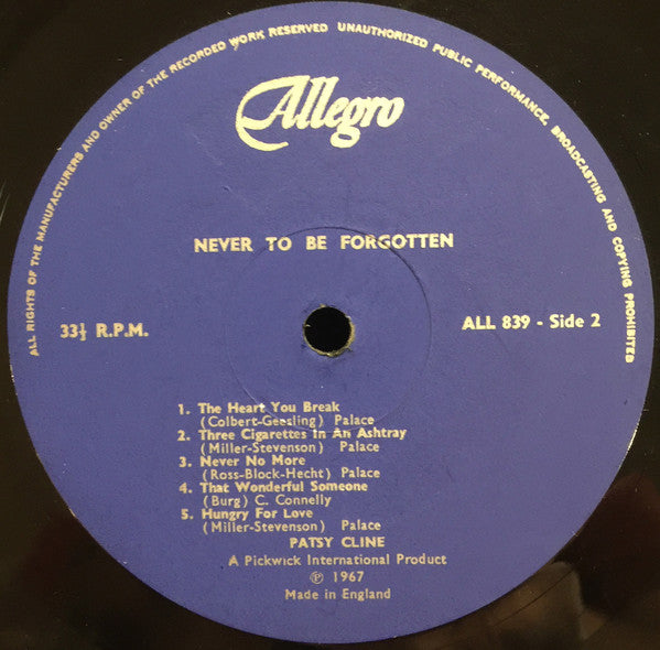 Patsy Cline : Never To Be Forgotten (LP, Comp)