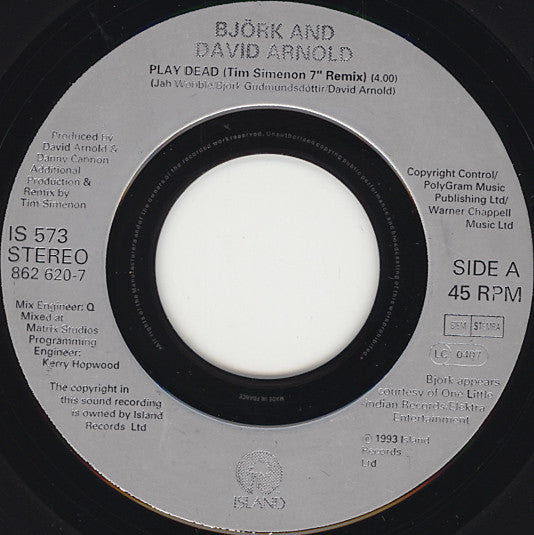 Björk And David Arnold : Play Dead (7", Single, Jukebox)