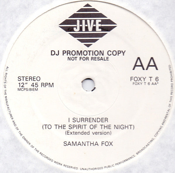 Samantha Fox : I Surrender (To The Spirit Of The Night) (12", Promo)