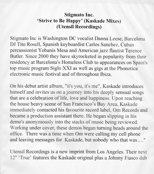 Stigmato Inc. : Strive To Be Happy (Kaskade Mixes) (12", W/Lbl)