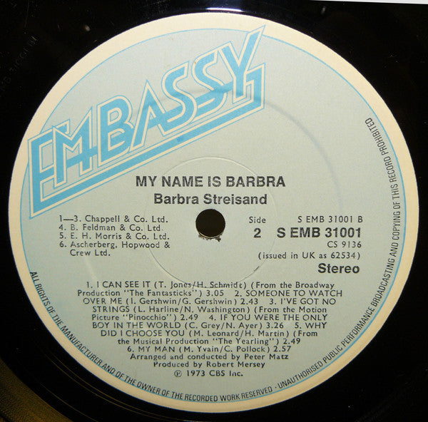 Barbra Streisand : My Name Is Barbra (LP, Album, RE)