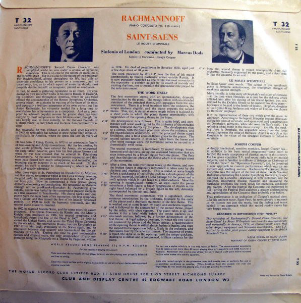 Rachmaninoff*, Saint-Saens*, Joseph Cooper, Sinfonia Of London Conducted By Marcus Dods : Piano Concerto No. 2, Le Rouet D'Omphale (LP, Album, Mono, Club)