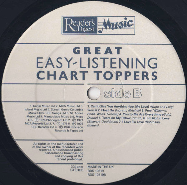 Various : Great Easy Listening Chart Toppers (LP, Comp)
