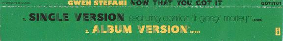 Gwen Stefani : Now That You Got It (CD, Single, Promo)