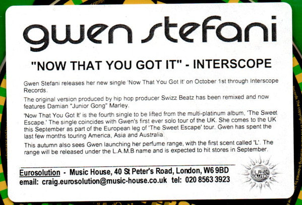 Gwen Stefani : Now That You Got It (CD, Single, Promo)