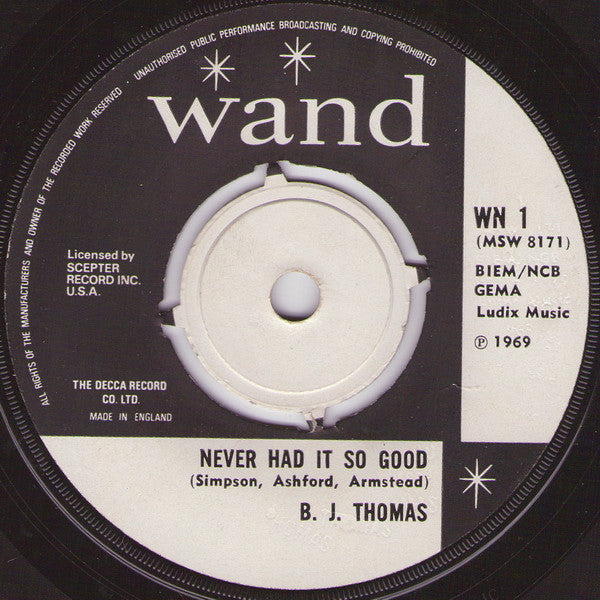 B.J. Thomas : Raindrops Keep Fallin' On My Head (7", Single)