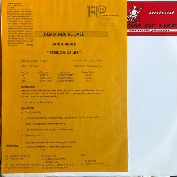Dance United (2) : Freedom Of Life (12", Promo, W/Lbl)