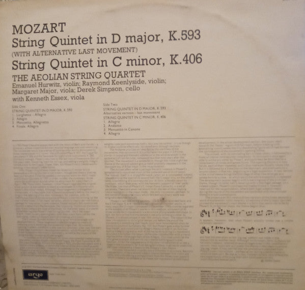 Wolfgang Amadeus Mozart, Aeolian String Quartet With Kenneth Essex (2) : String Quintet In D Major / String Quintet In C Minor (LP)
