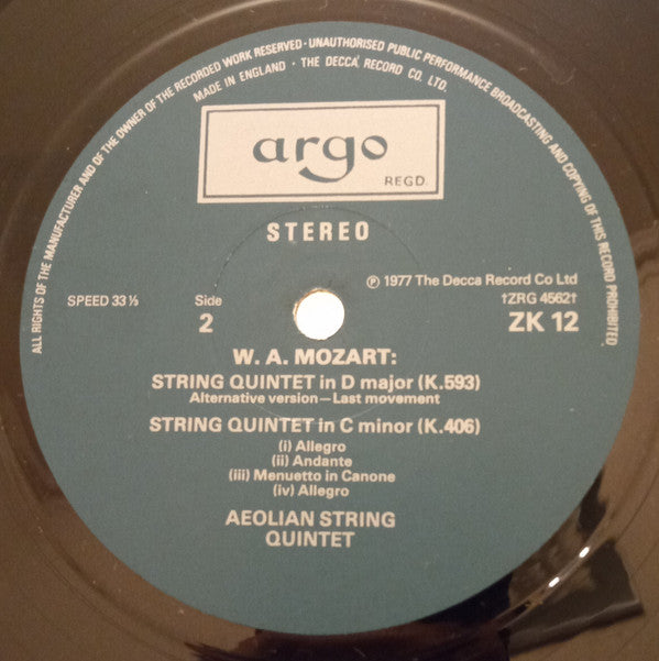 Wolfgang Amadeus Mozart, Aeolian String Quartet With Kenneth Essex (2) : String Quintet In D Major / String Quintet In C Minor (LP)