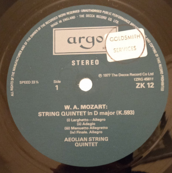 Wolfgang Amadeus Mozart, Aeolian String Quartet With Kenneth Essex (2) : String Quintet In D Major / String Quintet In C Minor (LP)