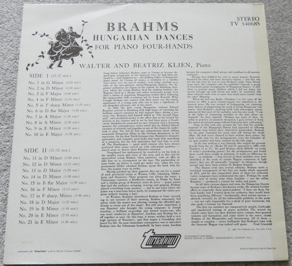 Beatriz Klien, Walter Klien : Brahms Hungarian Dances For Piano Four-hands (LP)